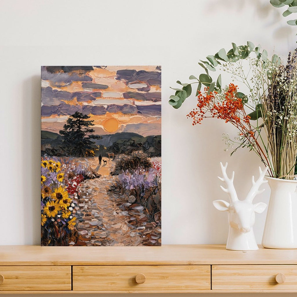 Impasto Sunset Meadow Framed Canvas Art - Golden Hour Landscape