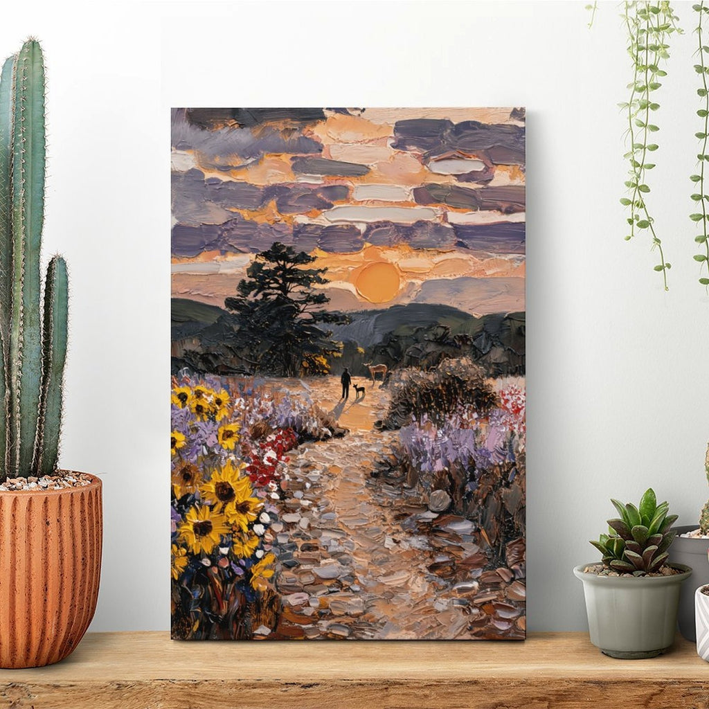Impasto Sunset Meadow Framed Canvas Art - Golden Hour Landscape