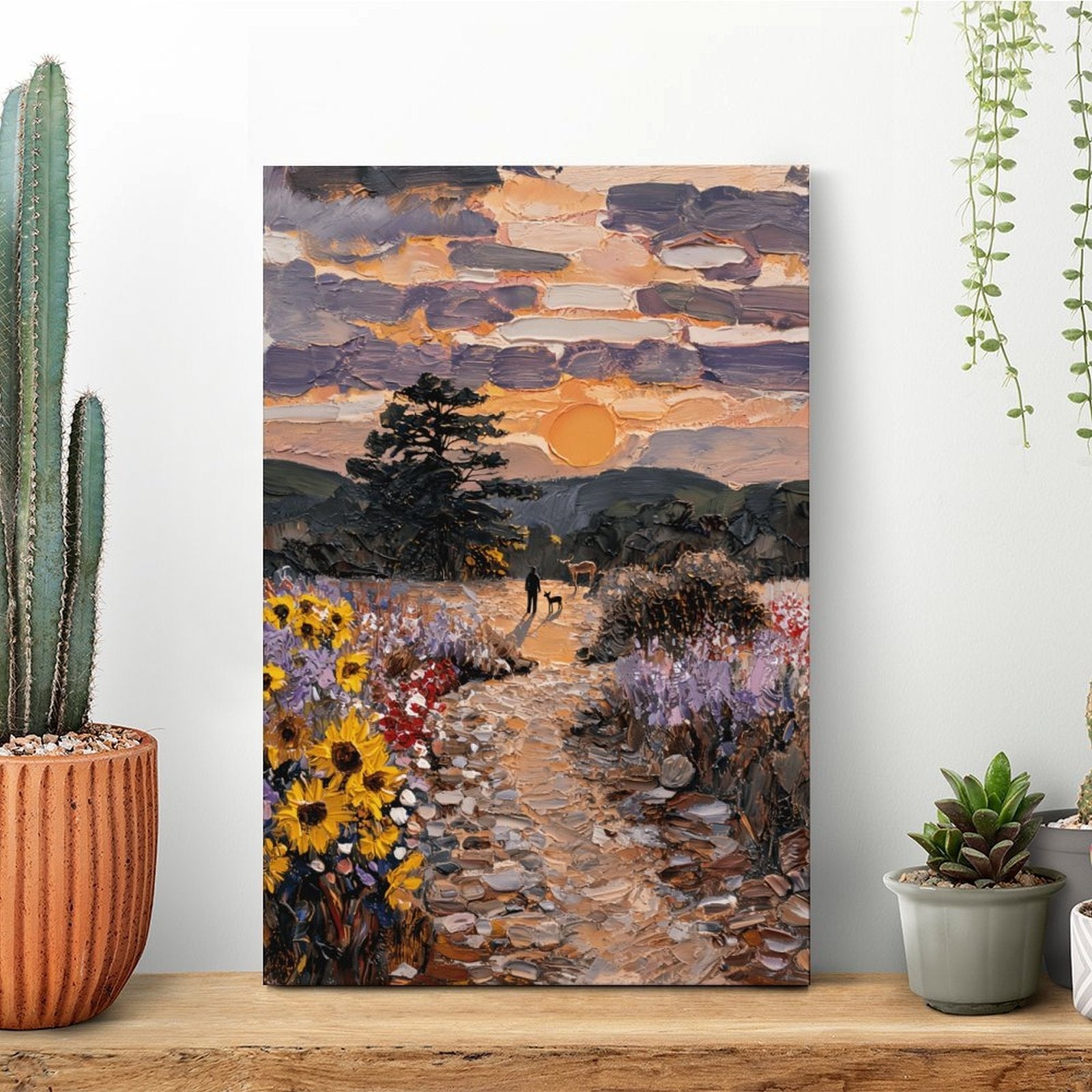 Impasto Sunset Meadow Framed Canvas Art - Golden Hour Landscape