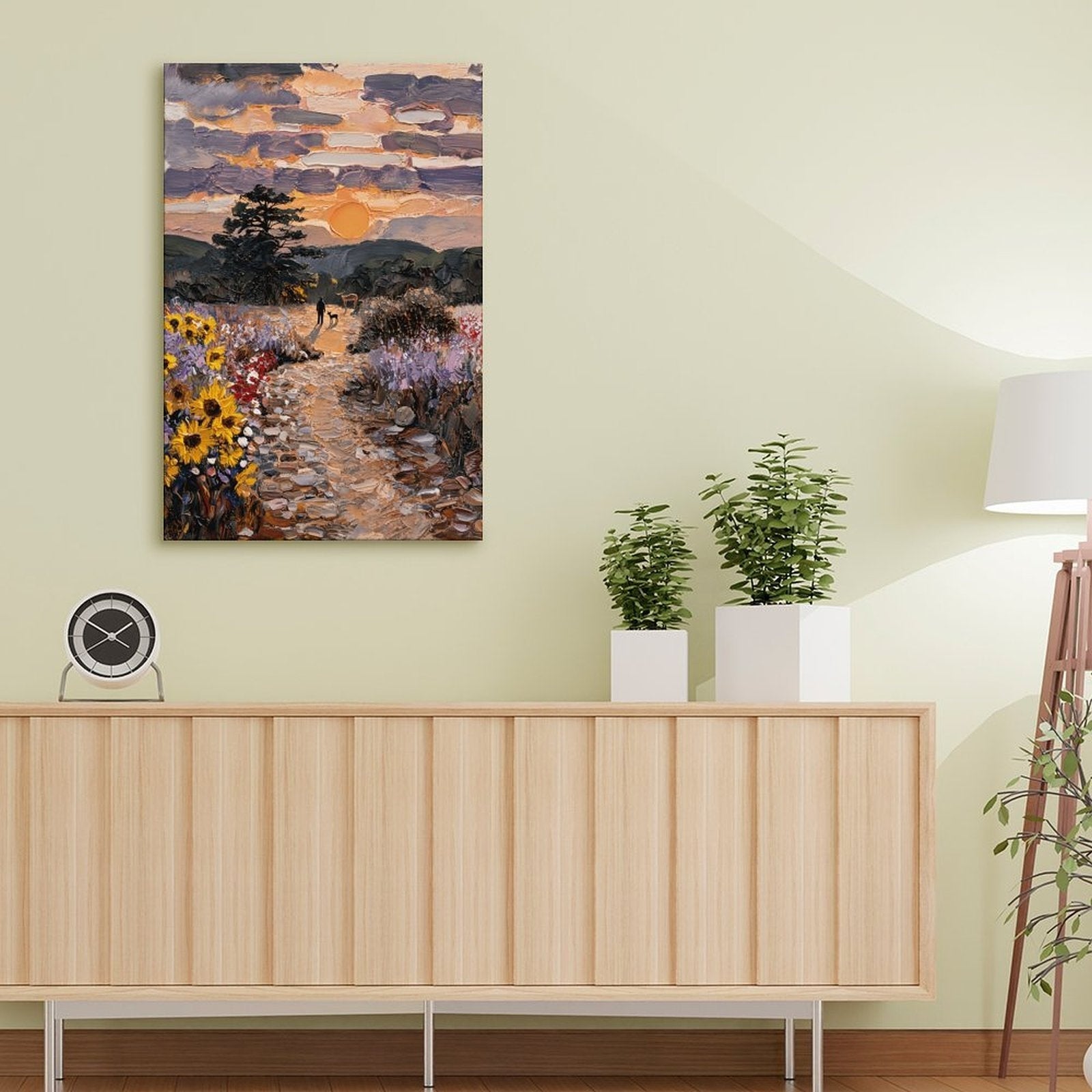Impasto Sunset Meadow Framed Canvas Art - Golden Hour Landscape