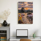 Impasto Sunset Meadow Framed Canvas Art - Golden Hour Landscape