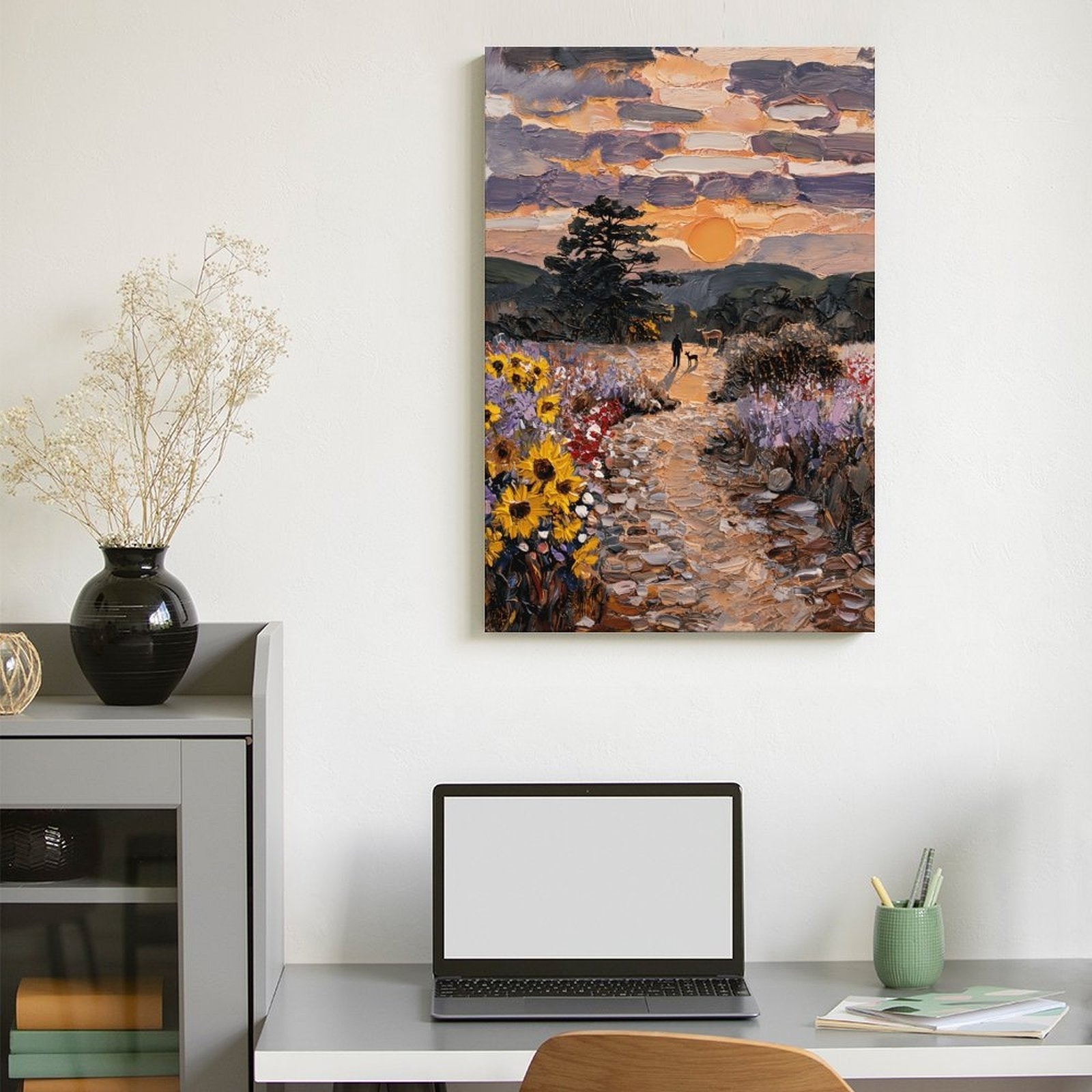 Impasto Sunset Meadow Framed Canvas Art - Golden Hour Landscape
