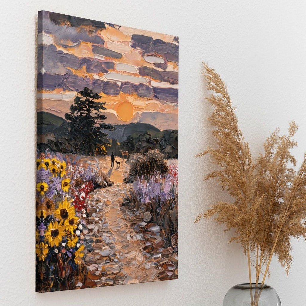 Impasto Sunset Meadow Framed Canvas Art - Golden Hour Landscape