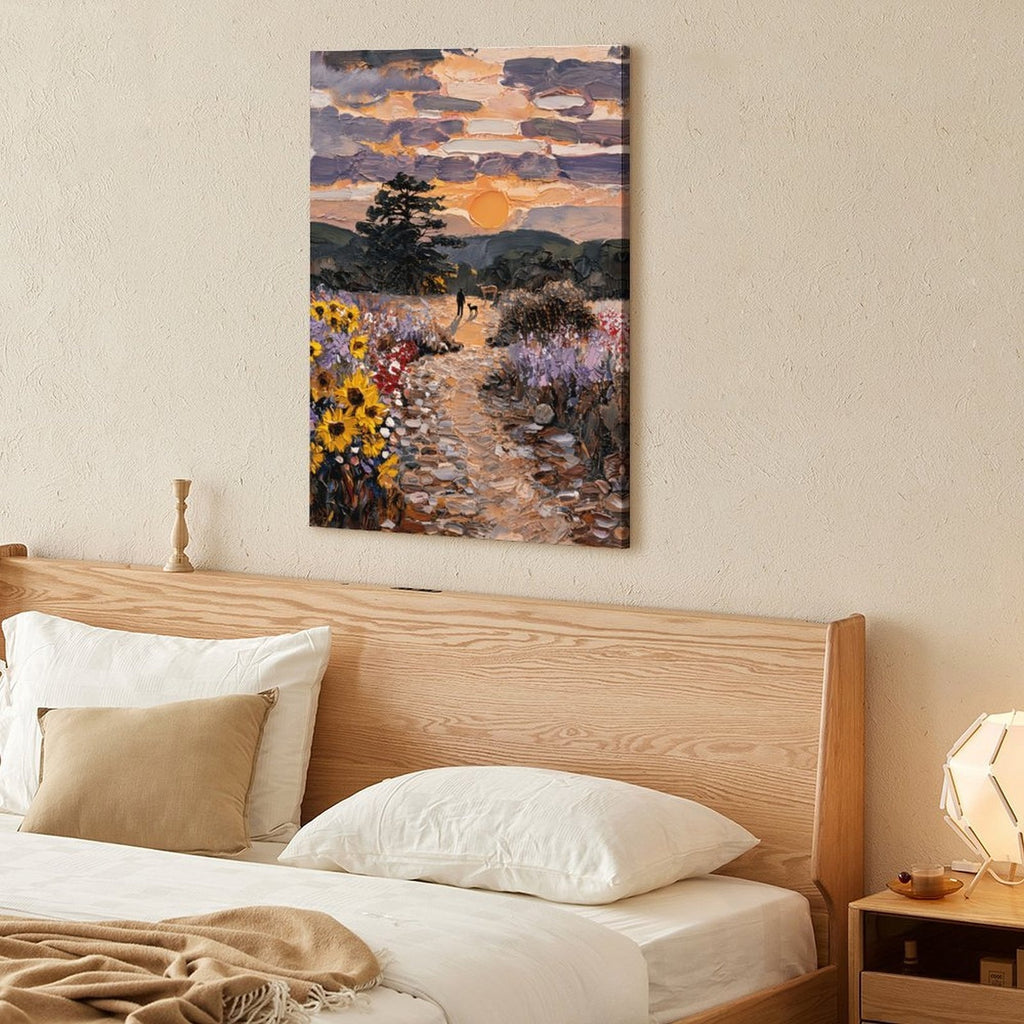 Impasto Sunset Meadow Framed Canvas Art - Golden Hour Landscape