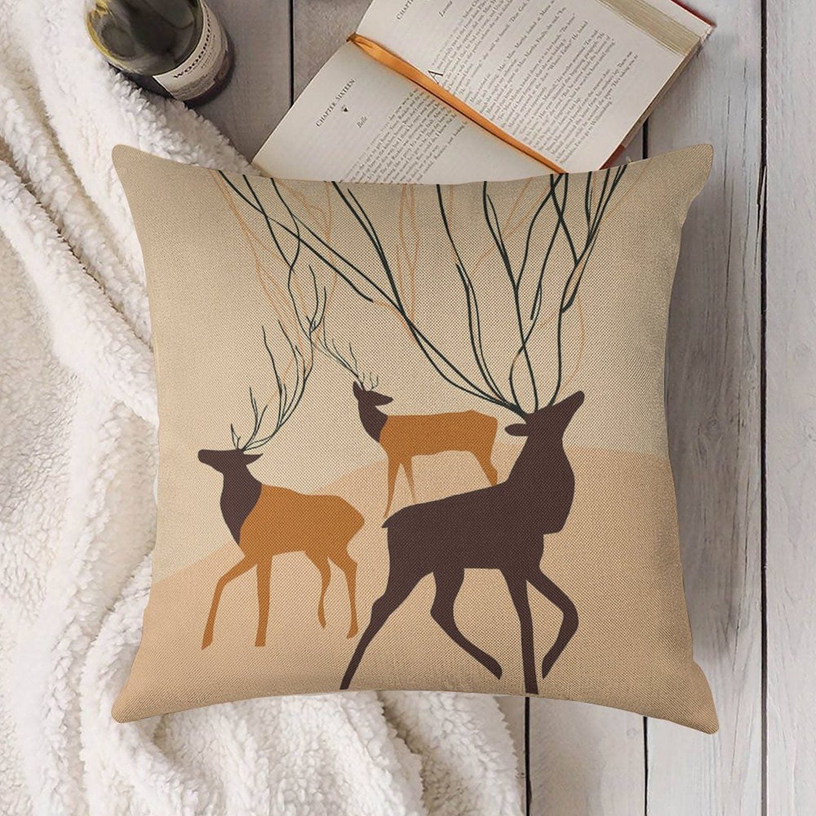 Abstract Forest Deer Faux-Linen Throw Pillow Cover