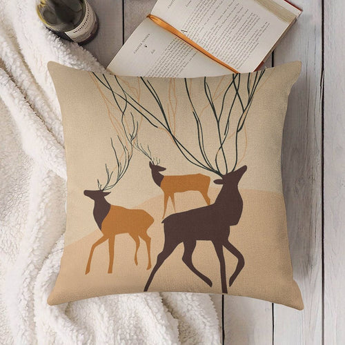 Abstract Forest Deer Faux-Linen Throw Pillow Cover