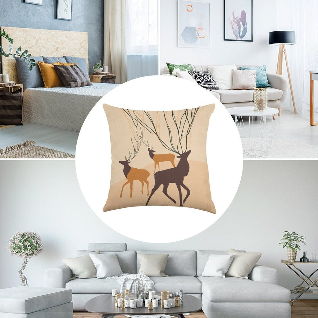 Abstract Forest Deer Faux-Linen Throw Pillow Cover