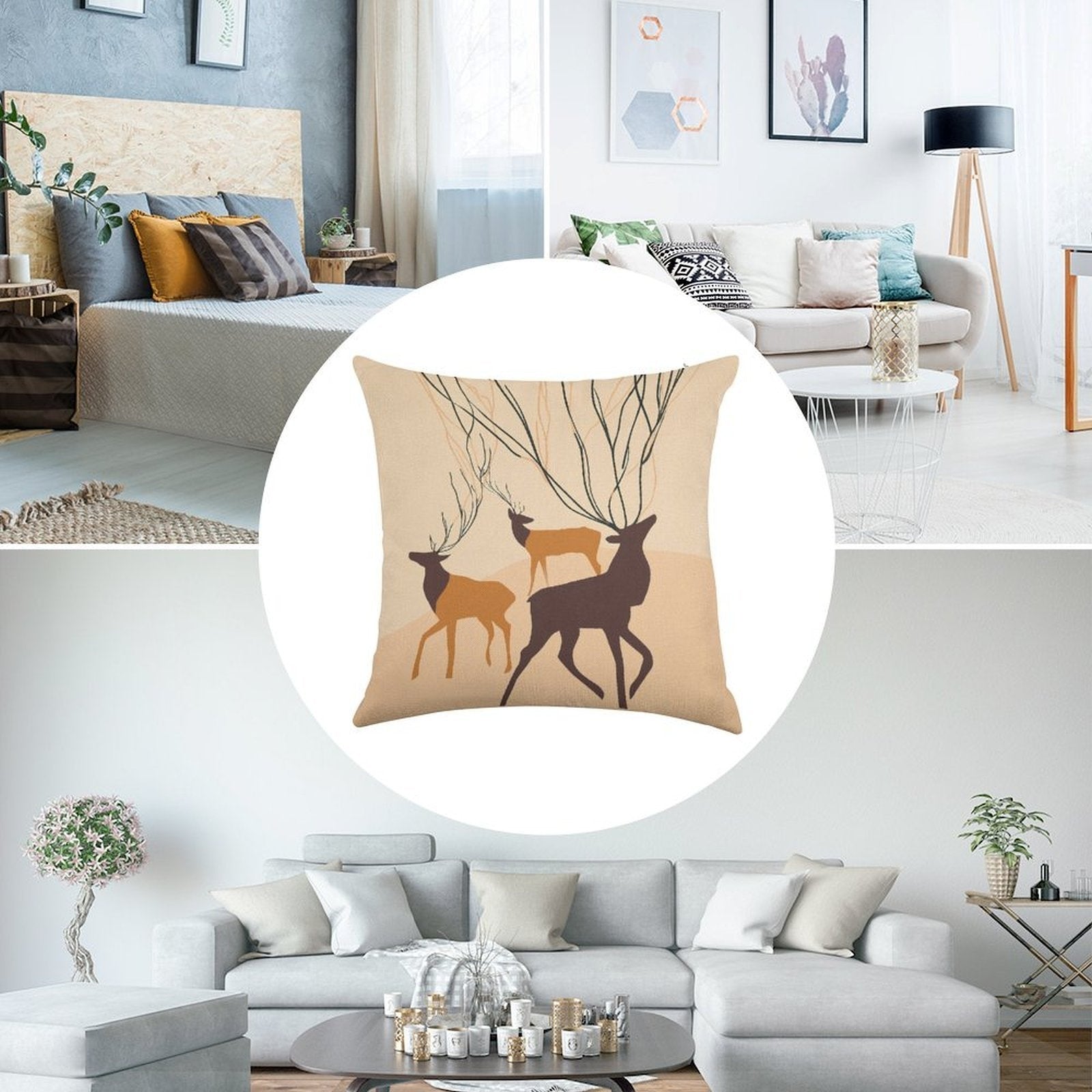 Abstract Forest Deer Faux-Linen Throw Pillow Cover