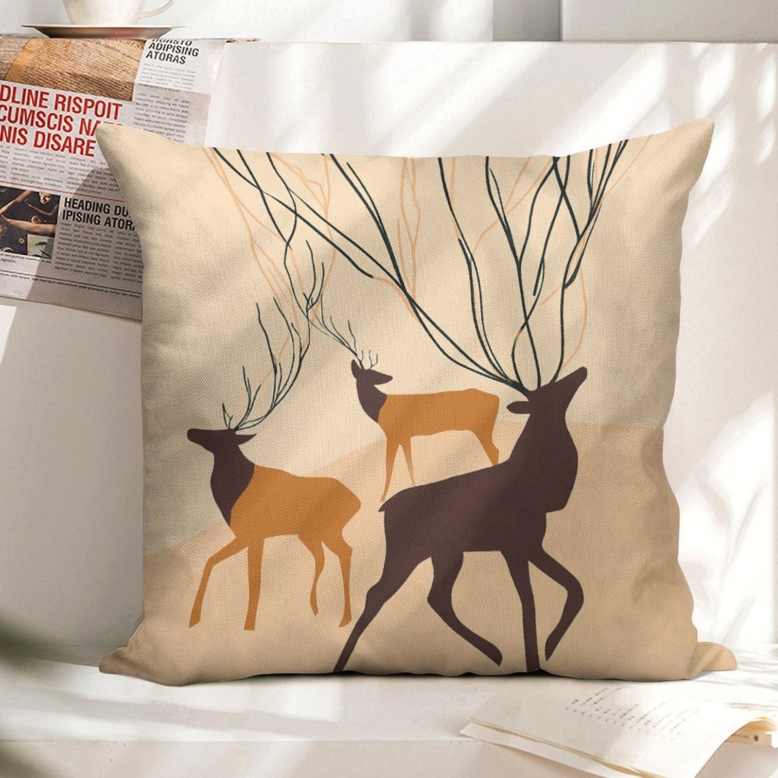 Abstract Forest Deer Faux-Linen Throw Pillow Cover