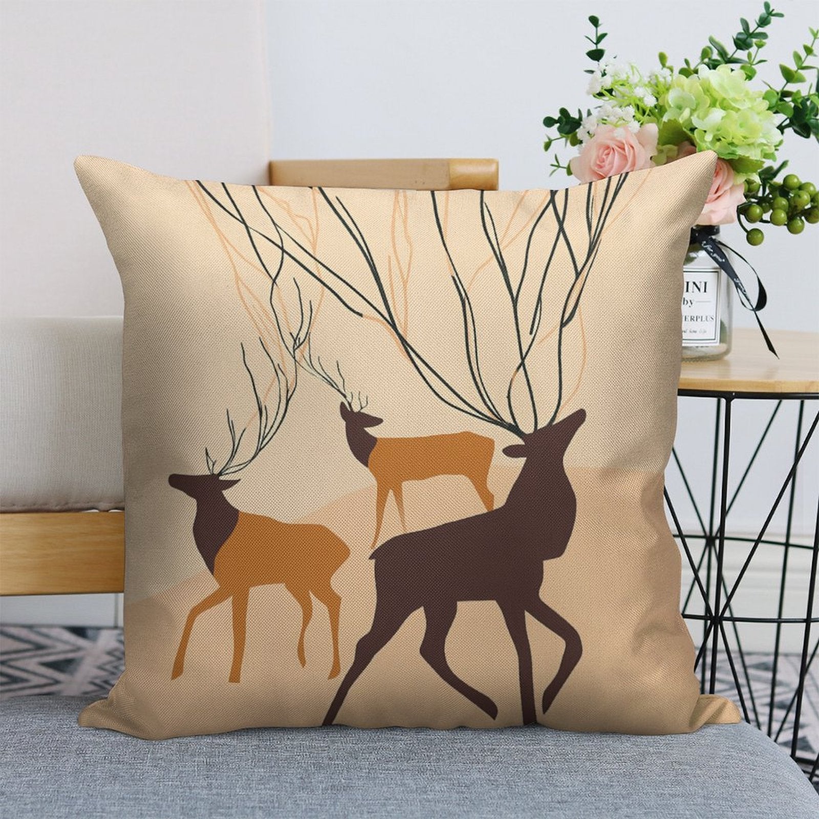 Abstract Forest Deer Faux-Linen Throw Pillow Cover