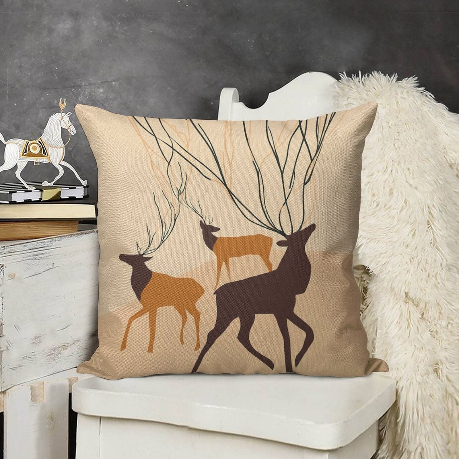 Abstract Forest Deer Faux-Linen Throw Pillow Cover