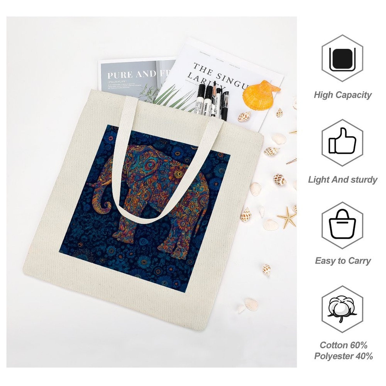 Artistic Mandala Elephant Canvas Tote Bag - Boho Spirit Series