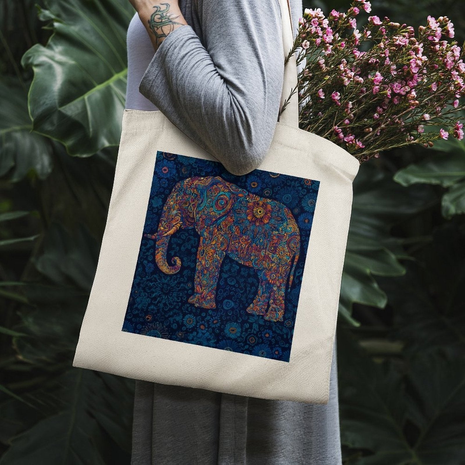 Artistic Mandala Elephant Canvas Tote Bag - Boho Spirit Series