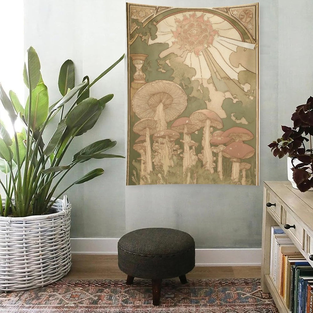 Enchanted Mushroom Sun Art Nouveau Portrait Wall Tapestry
