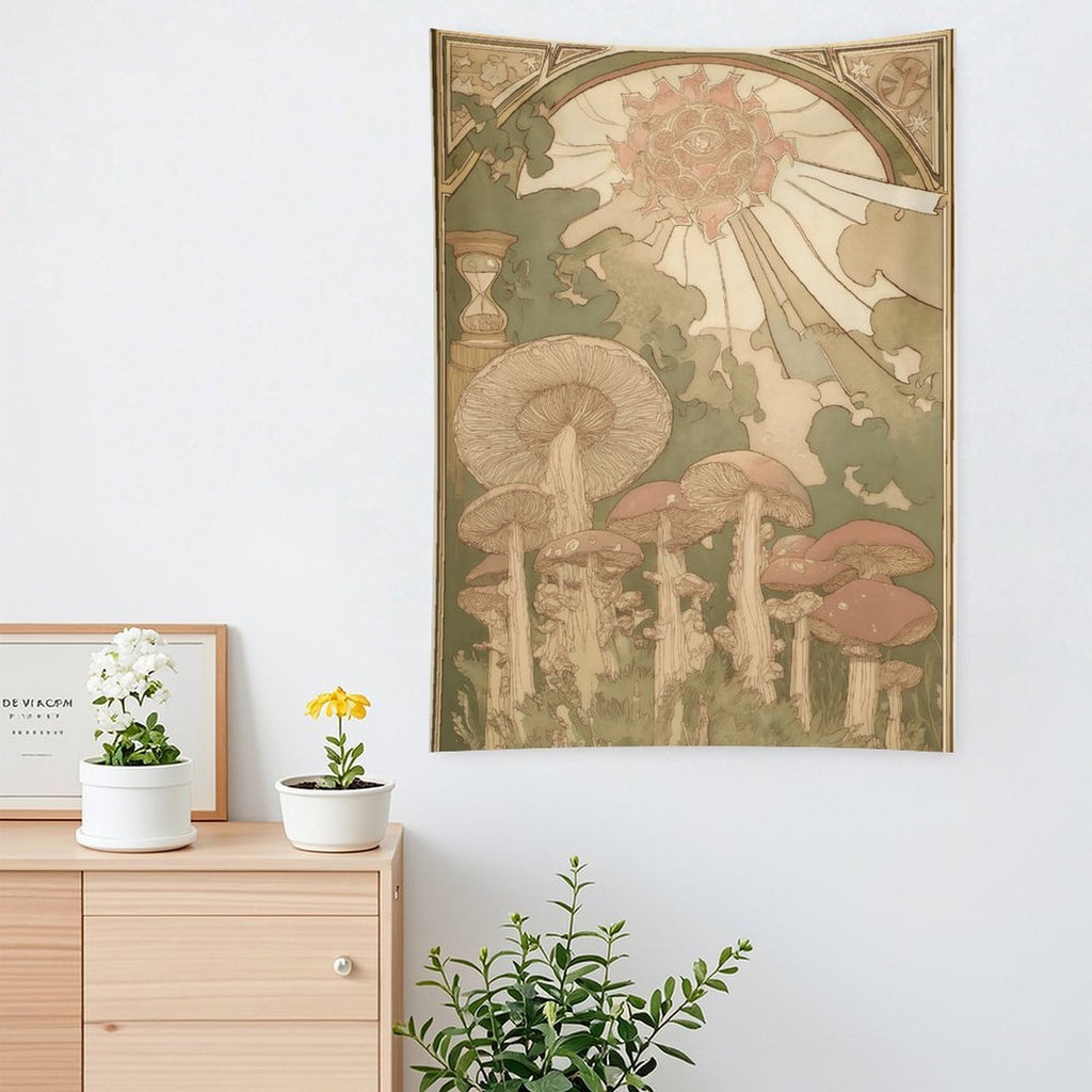 Enchanted Mushroom Sun Art Nouveau Portrait Wall Tapestry
