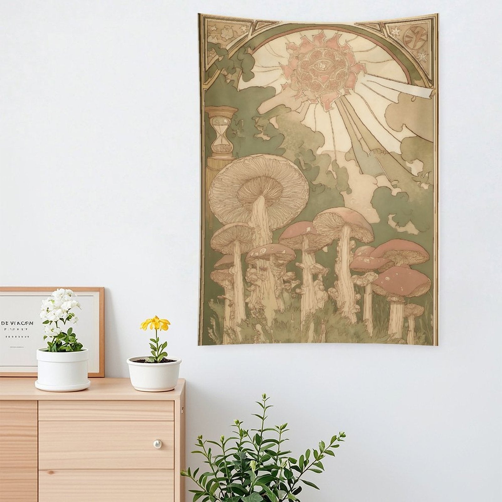 Enchanted Mushroom Sun Art Nouveau Portrait Wall Tapestry