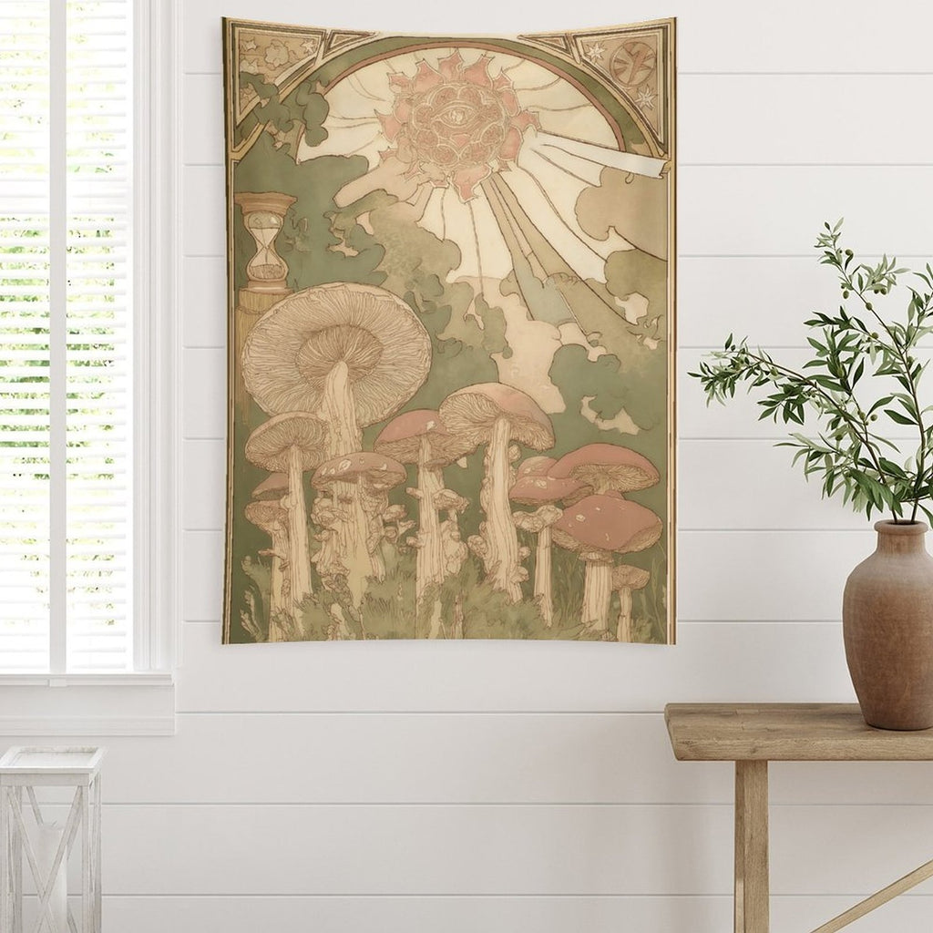 Enchanted Mushroom Sun Art Nouveau Portrait Wall Tapestry