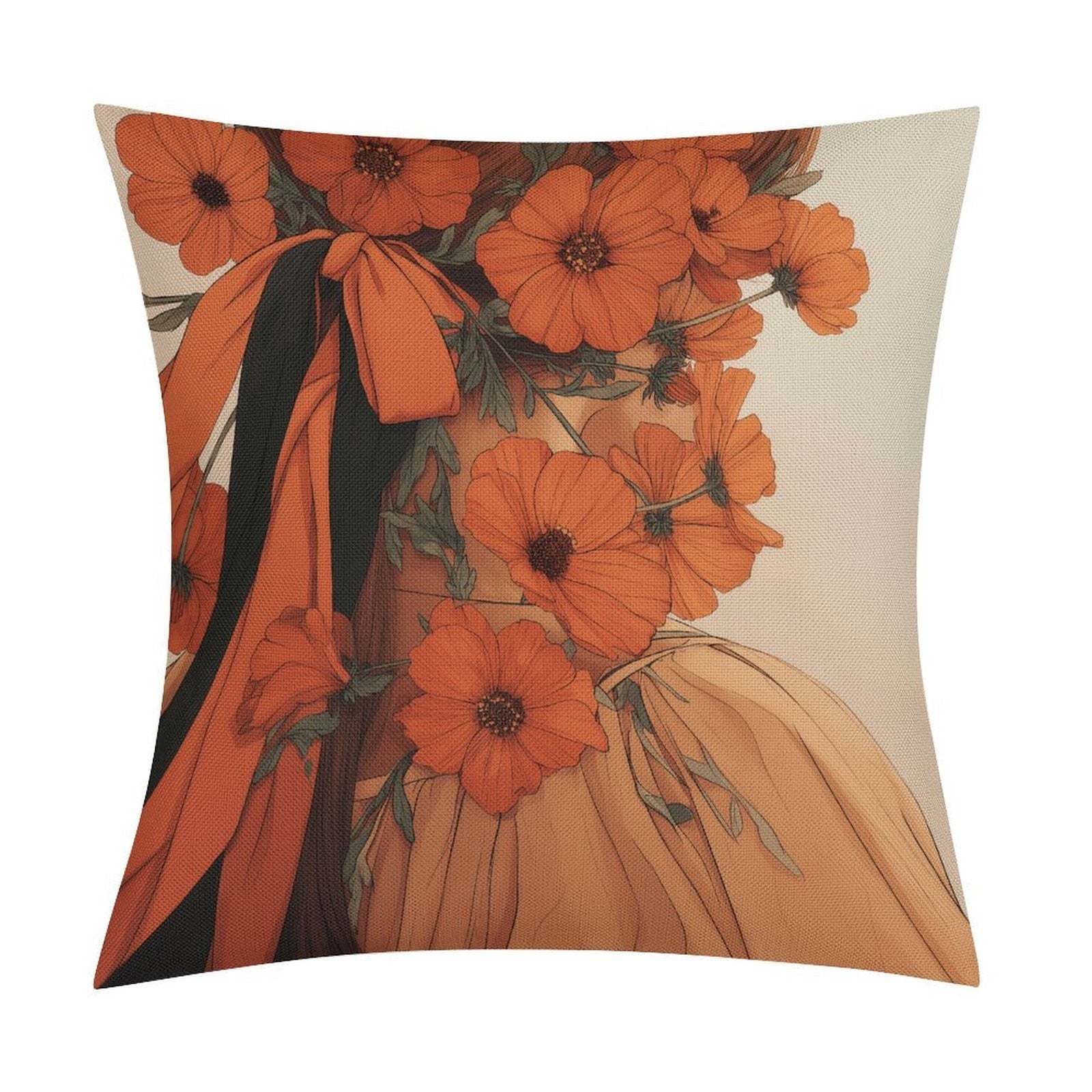 Art Nouveau Floral Muse Waterproof Faux-Linen Throw Pillow Cover