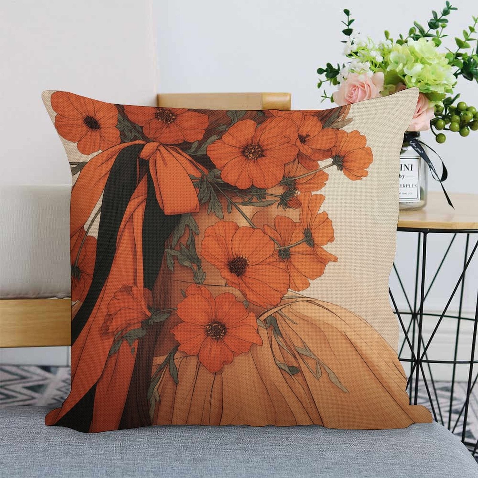 Art Nouveau Floral Muse Waterproof Faux-Linen Throw Pillow Cover