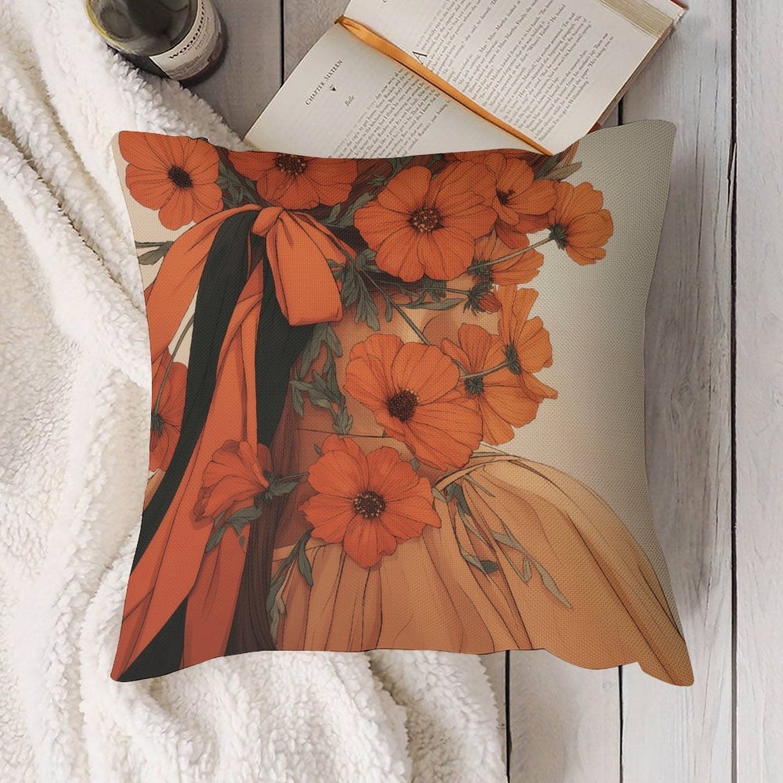 Art Nouveau Floral Muse Waterproof Faux-Linen Throw Pillow Cover