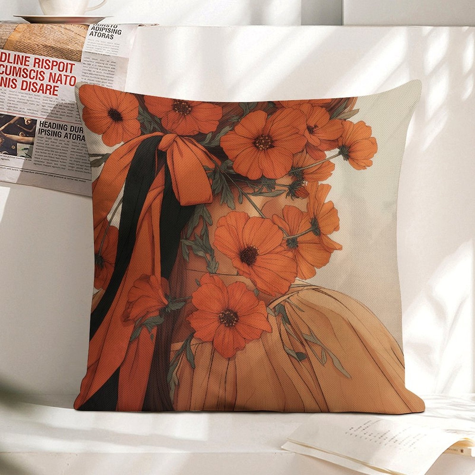 Art Nouveau Floral Muse Waterproof Faux-Linen Throw Pillow Cover