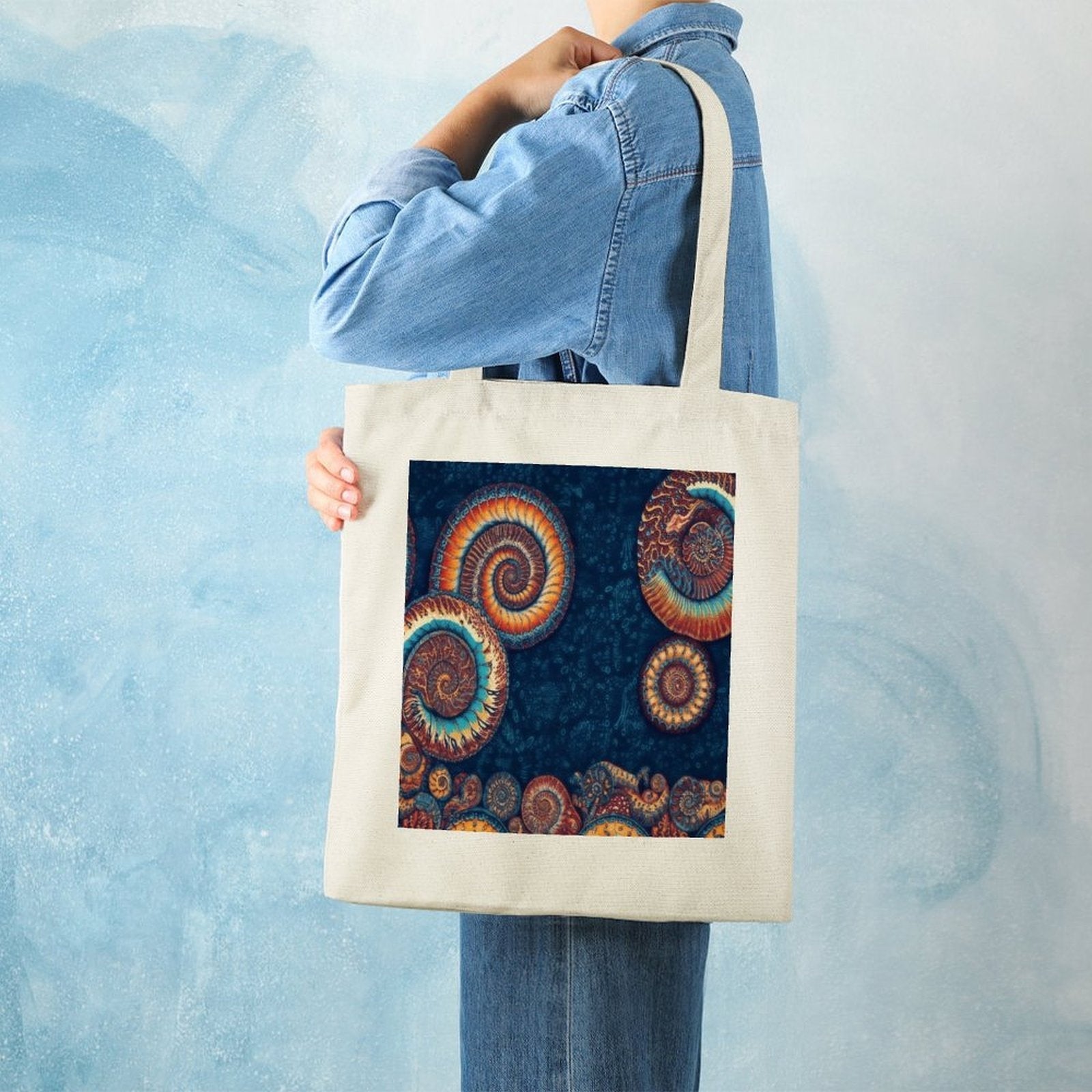Canvas Tote Bag with Fossil Spiral Shell Art Print