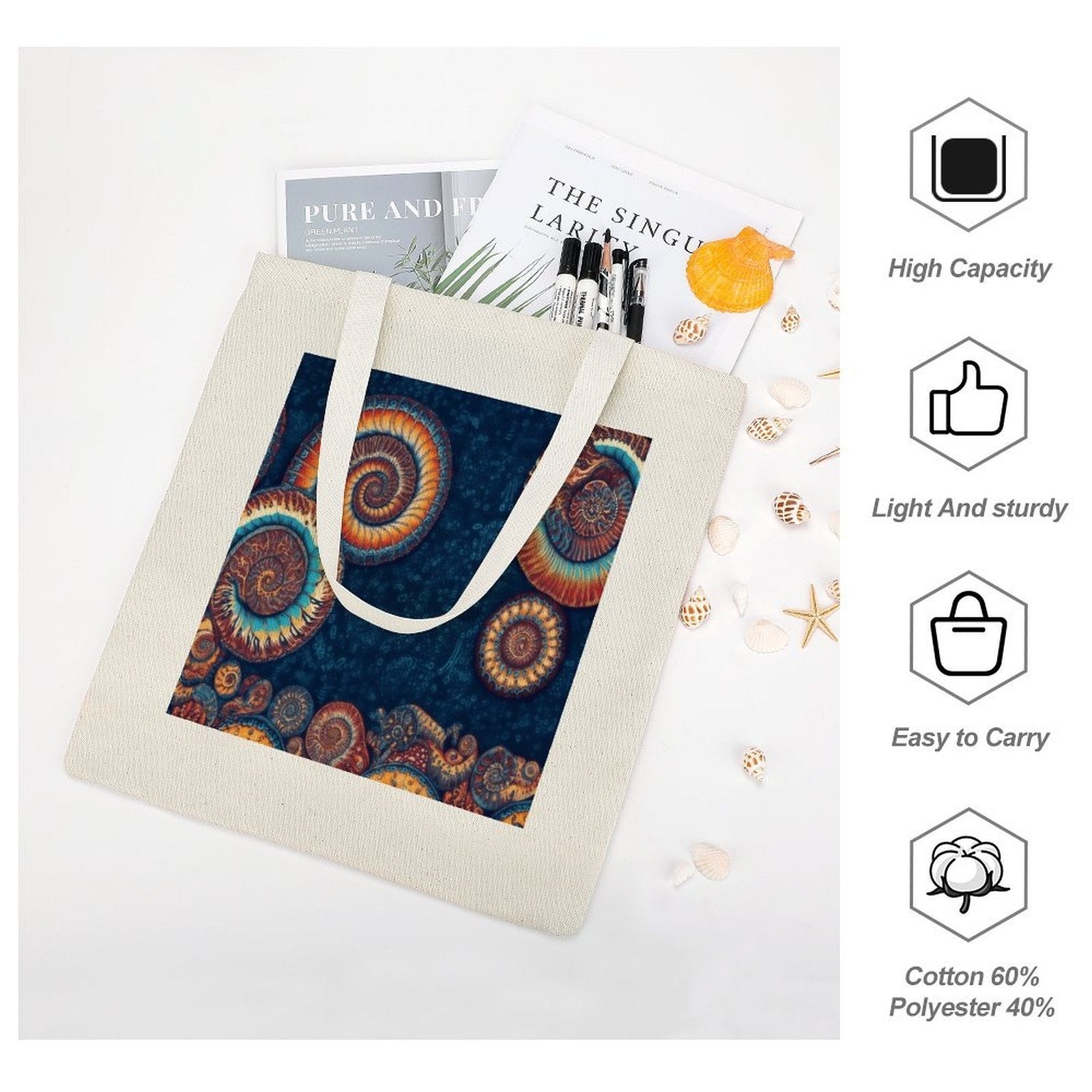 Canvas Tote Bag with Fossil Spiral Shell Art Print