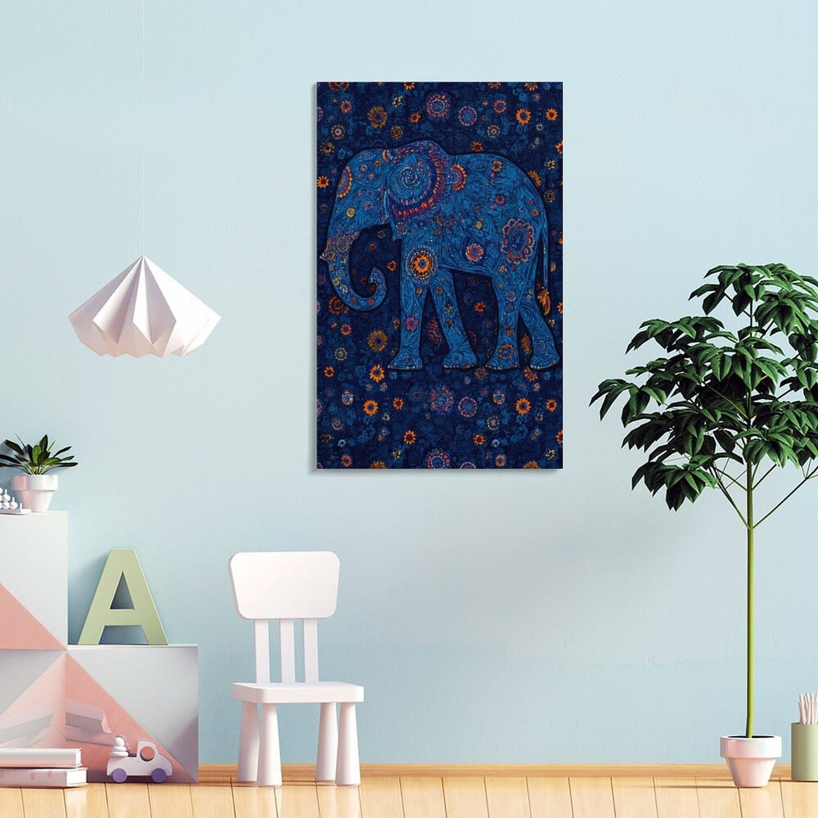 Bohemian Blue Floral Elephant Framed Art Print