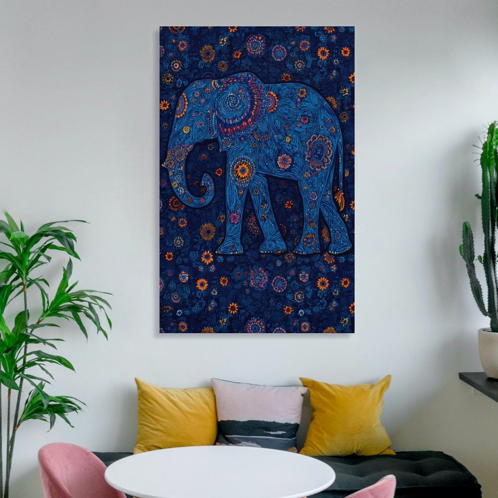 Bohemian Blue Floral Elephant Framed Art Print