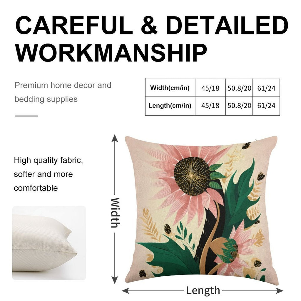 Whimsical Pink Sunflower Faux-Linen Throw Pillow Cover