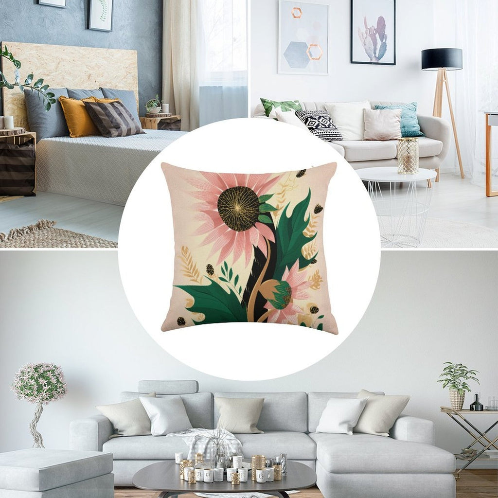 Whimsical Pink Sunflower Faux-Linen Throw Pillow Cover