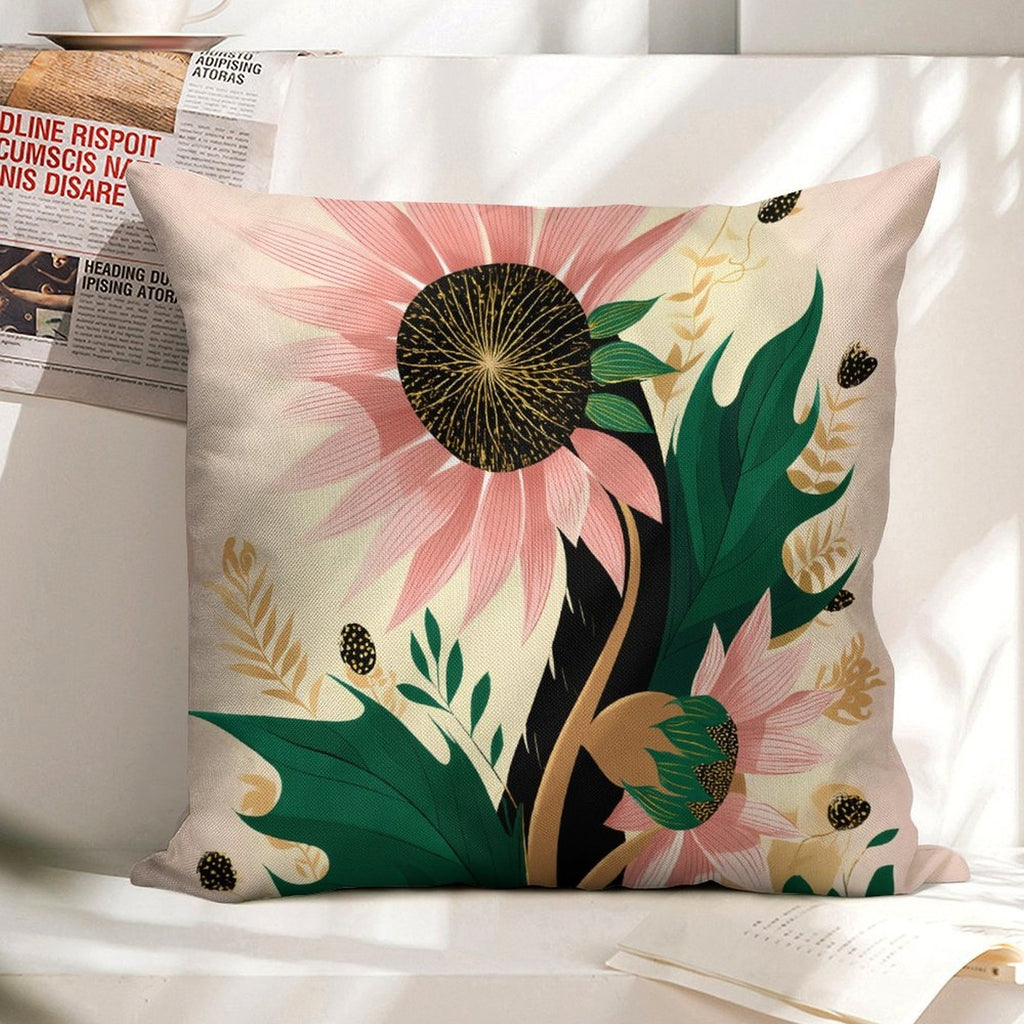 Whimsical Pink Sunflower Faux-Linen Throw Pillow Cover