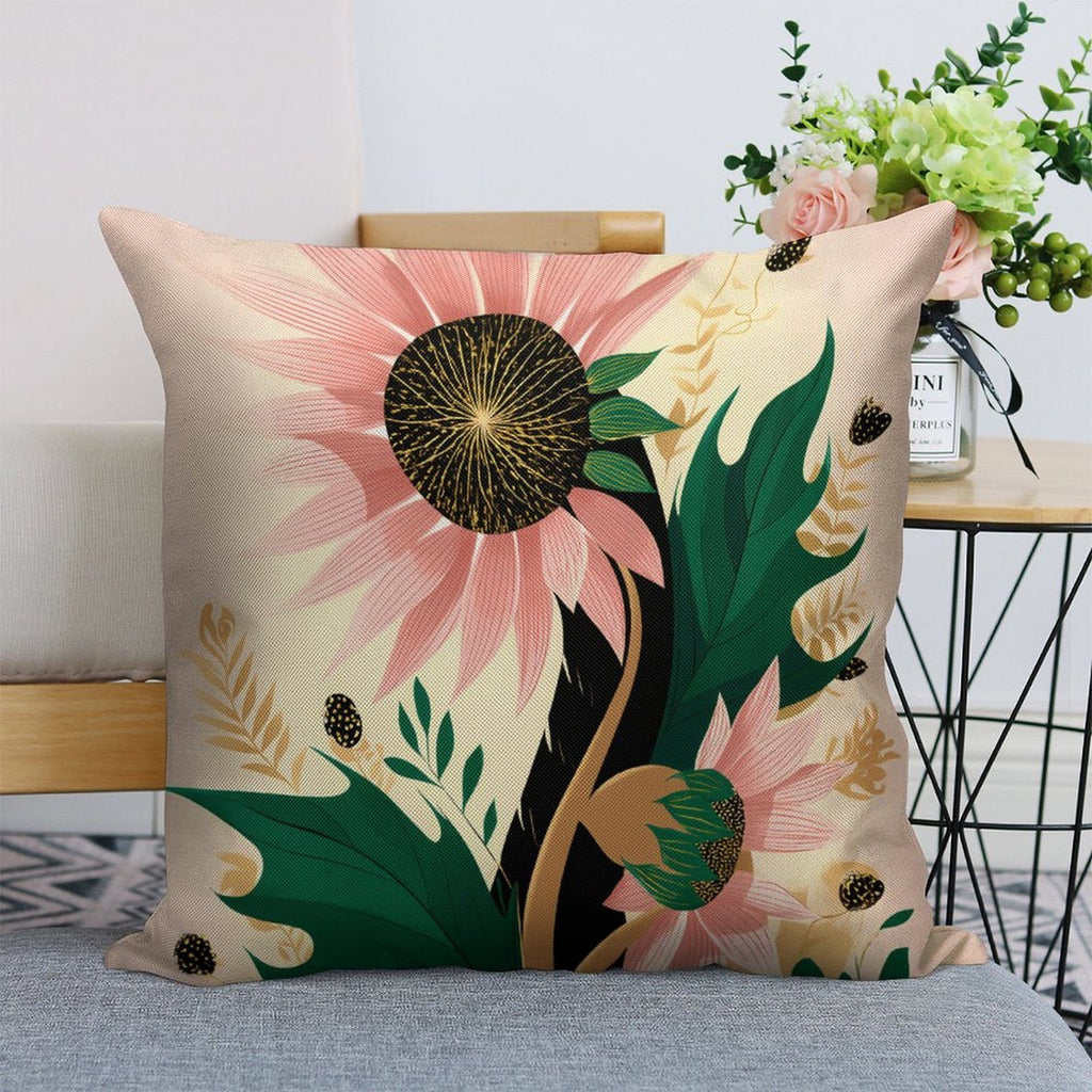 Whimsical Pink Sunflower Faux-Linen Throw Pillow Cover
