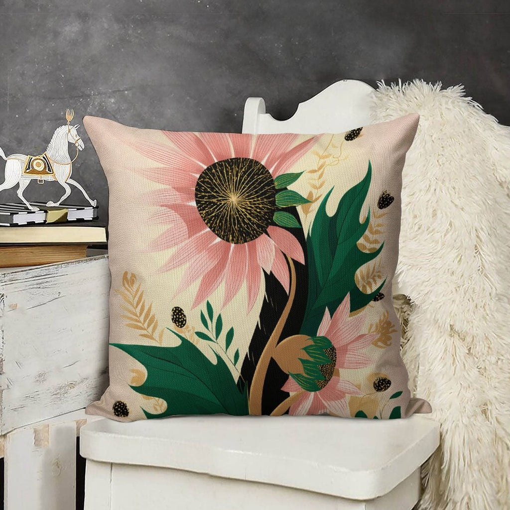 Whimsical Pink Sunflower Faux-Linen Throw Pillow Cover