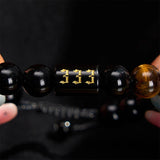 333 Angel number black obsidian and tiger eye bracelet — D02-02
