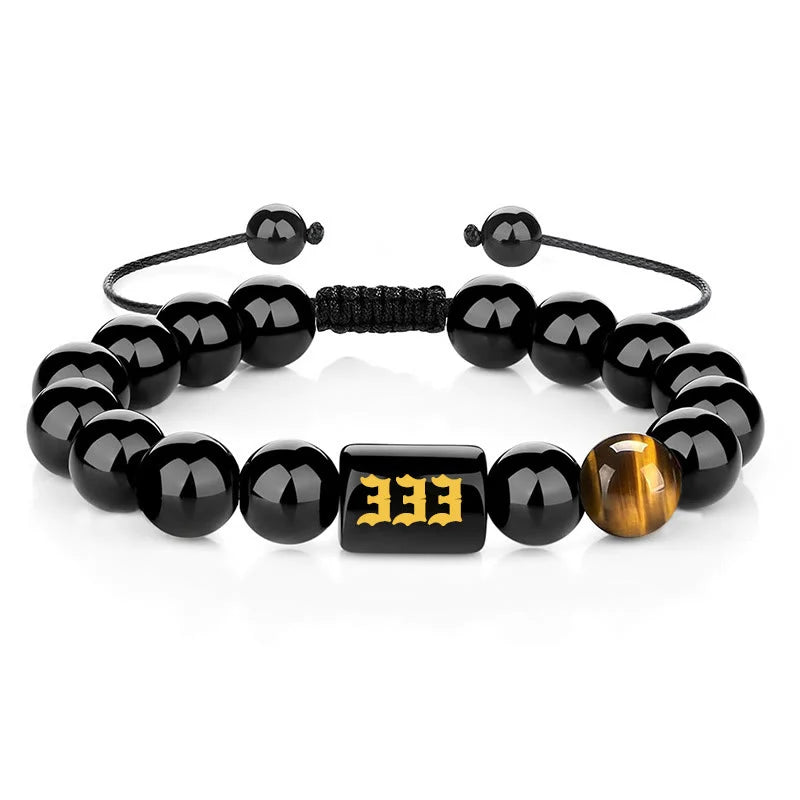 333 Angel number black obsidian and tiger eye bracelet — D02-06