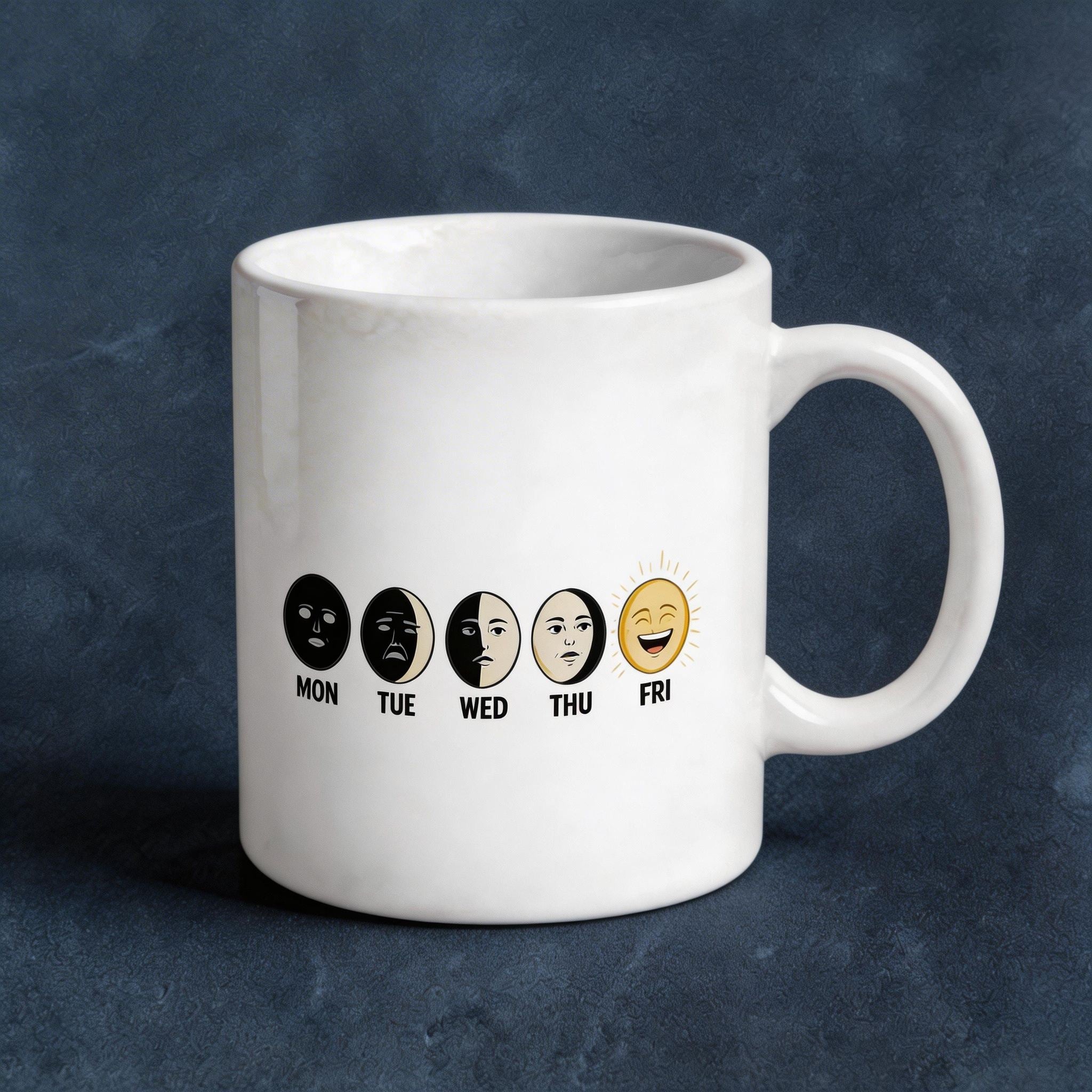 Work Week Progression Funny Coffee Mug - From Monday Blues to Friday Fun