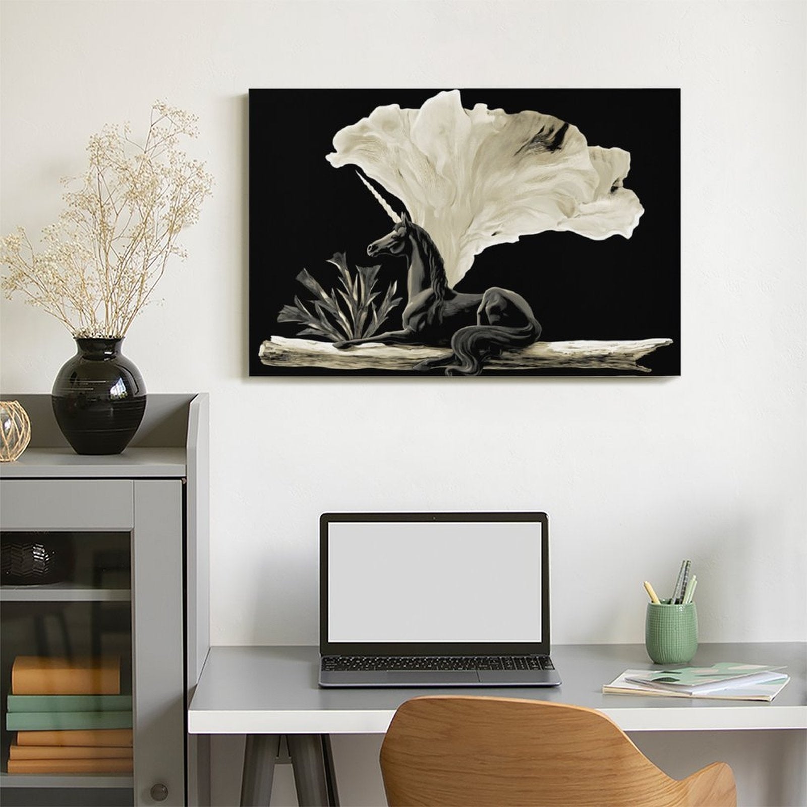 Dark Gothic Unicorn & Ethereal Bloom Framed Canvas Art