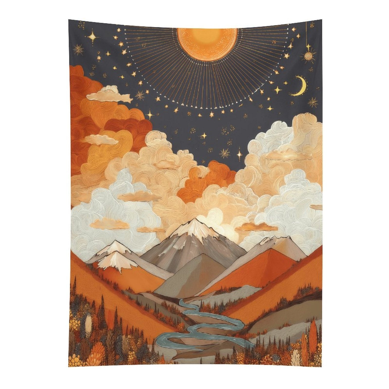 Celestial Sun and Moon Mountainscape Wall Tapestry (Portrait)