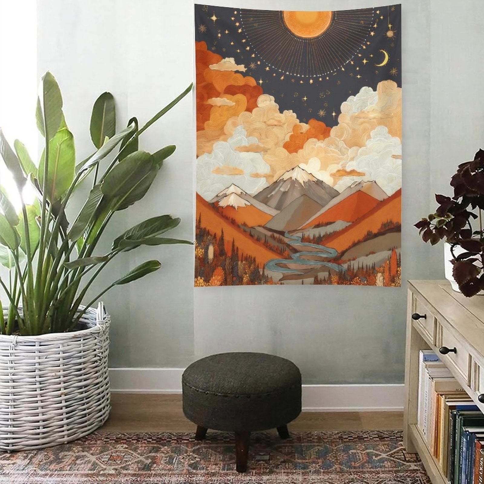 Celestial Sun and Moon Mountainscape Wall Tapestry (Portrait)