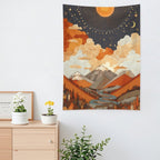 Celestial Sun and Moon Mountainscape Wall Tapestry (Portrait)