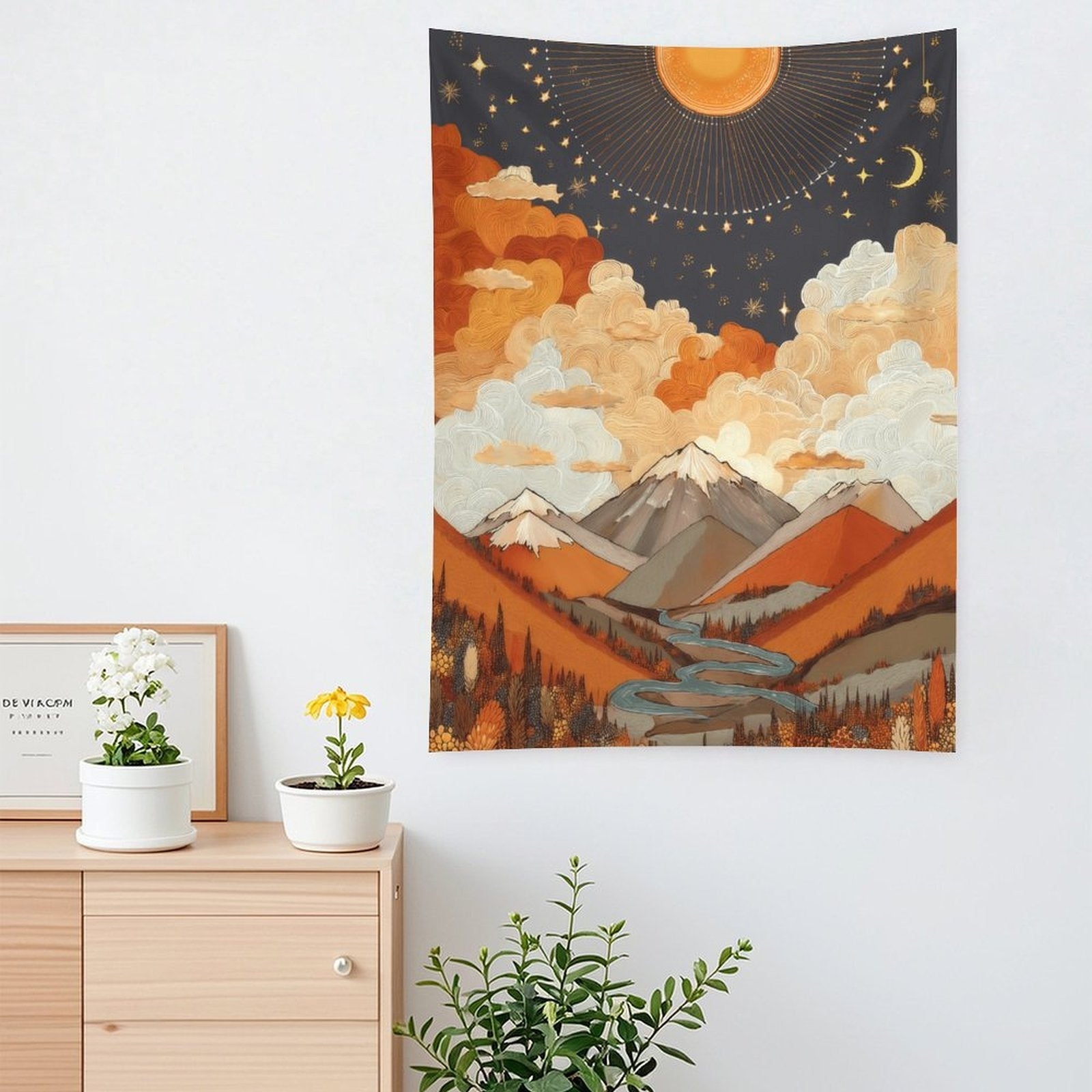 Celestial Sun and Moon Mountainscape Wall Tapestry (Portrait)