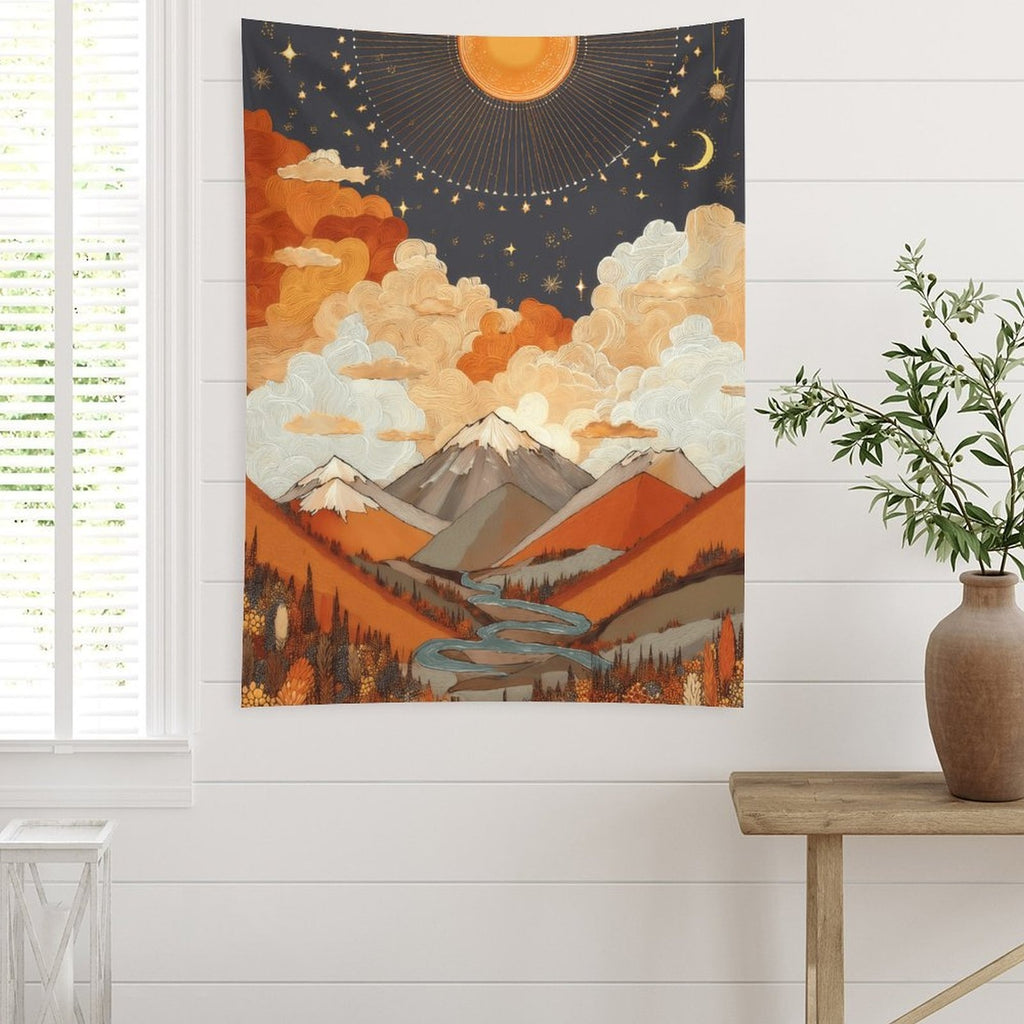 Celestial Sun and Moon Mountainscape Wall Tapestry (Portrait)