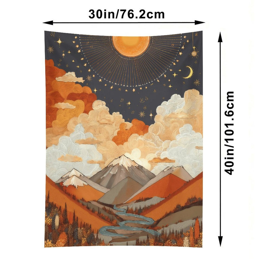 Celestial Sun and Moon Mountainscape Wall Tapestry (Portrait)