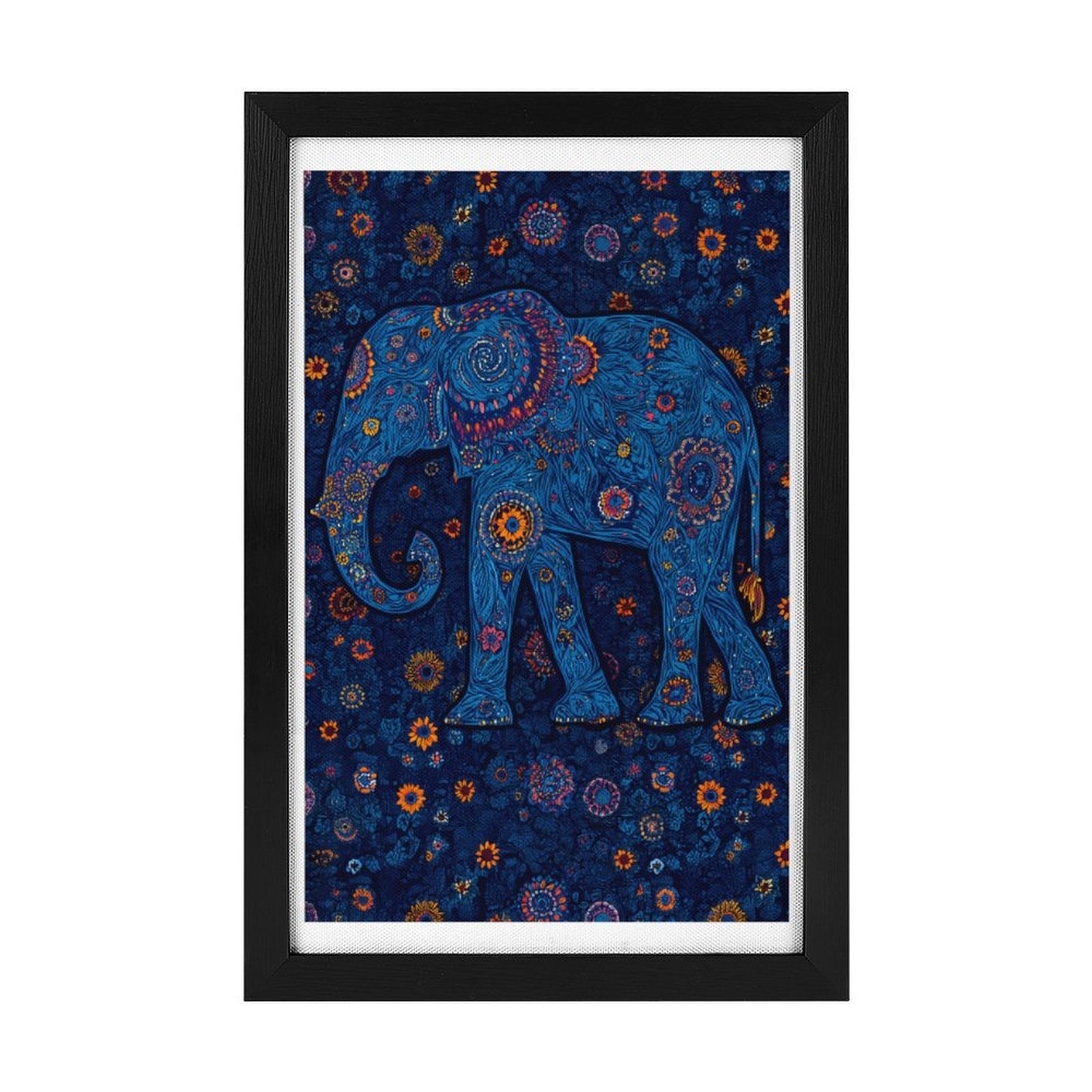Intricate Boho Blue Elephant Flat-Frame Wall Art, Black Portrait