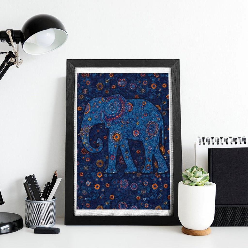 Intricate Boho Blue Elephant Flat-Frame Wall Art, Black Portrait