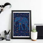 Intricate Boho Blue Elephant Flat-Frame Wall Art, Black Portrait