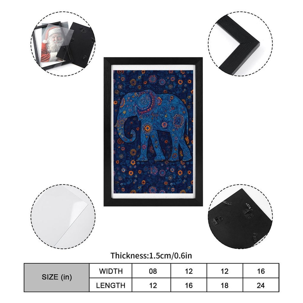 Intricate Boho Blue Elephant Flat-Frame Wall Art, Black Portrait
