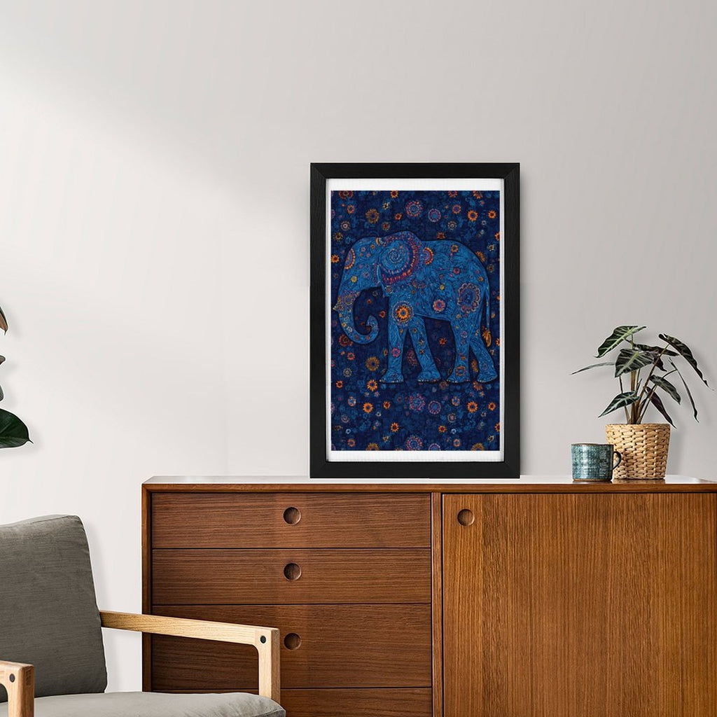 Intricate Boho Blue Elephant Flat-Frame Wall Art, Black Portrait