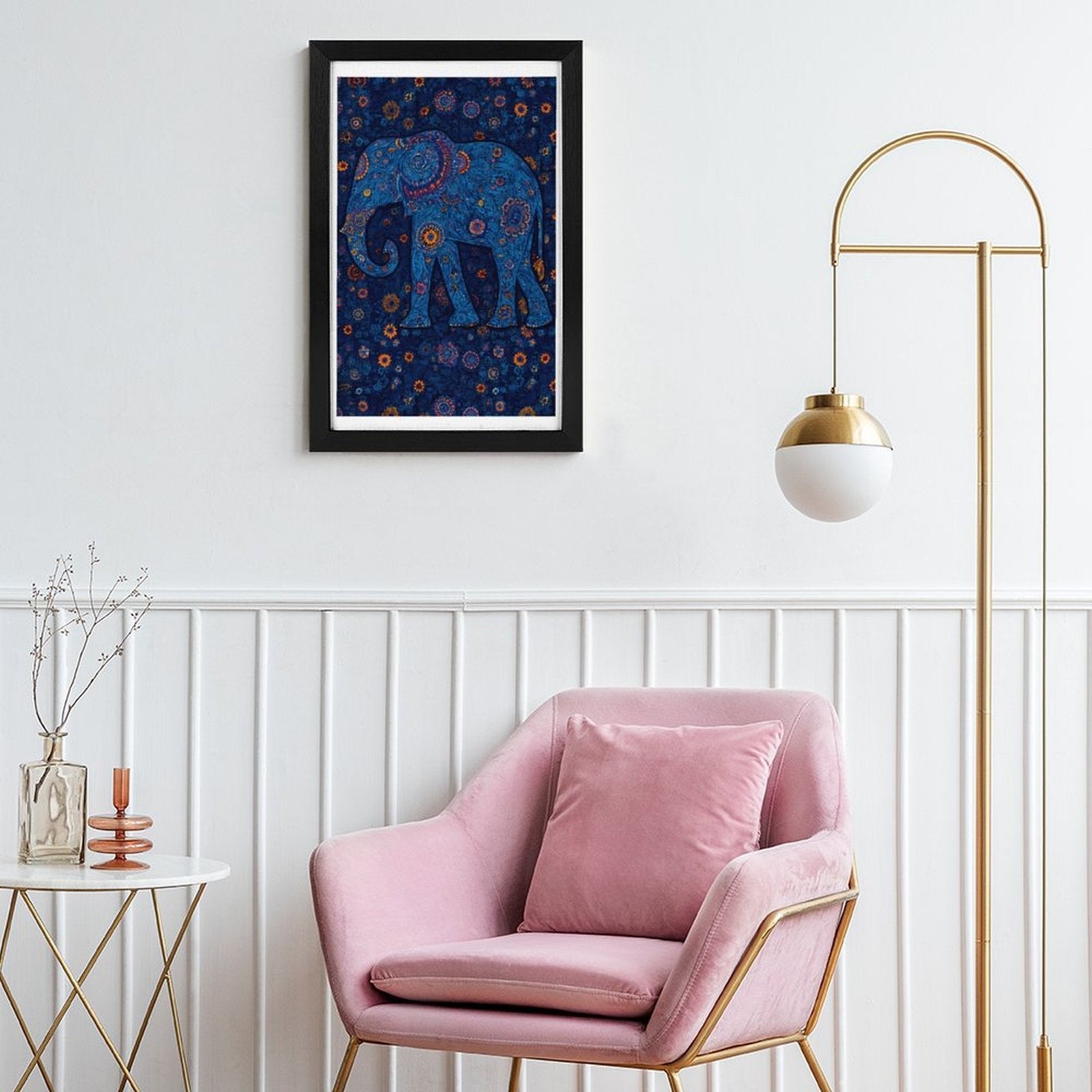 Intricate Boho Blue Elephant Flat-Frame Wall Art, Black Portrait